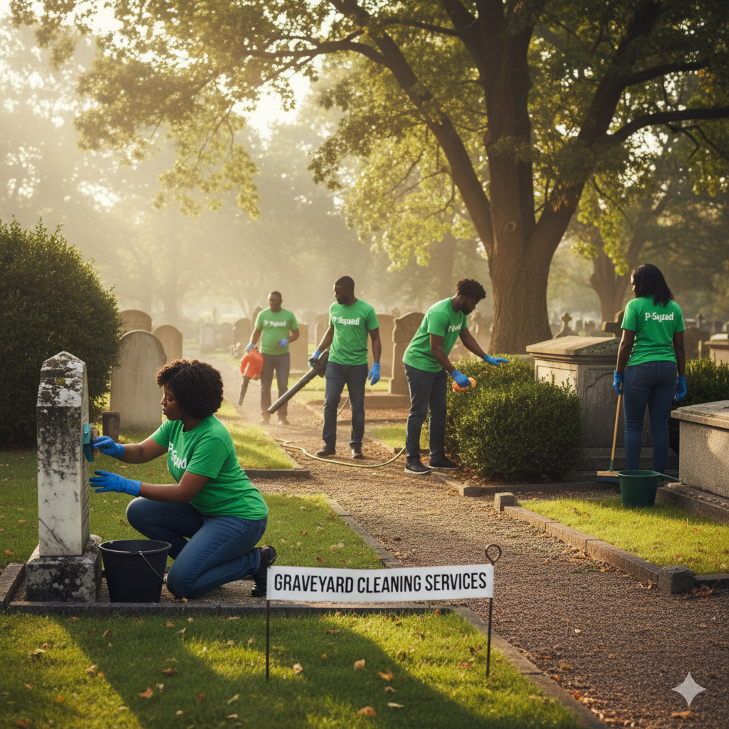 Cleaning services for graveyards, with a dedicated team caring for memorials in a serene setting.