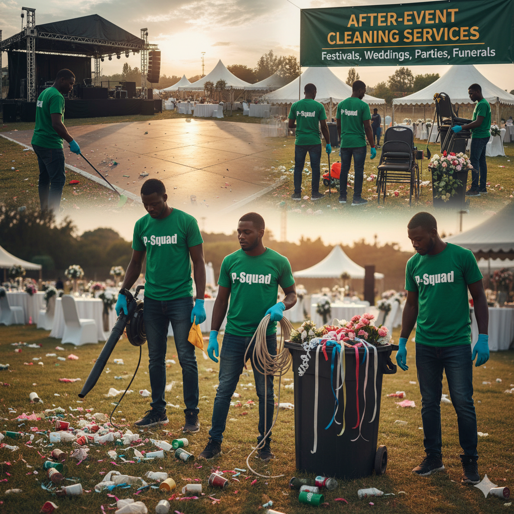 Team providing after-event cleaning services for Weddings, collecting trash at an outdoor venue after a celebration.