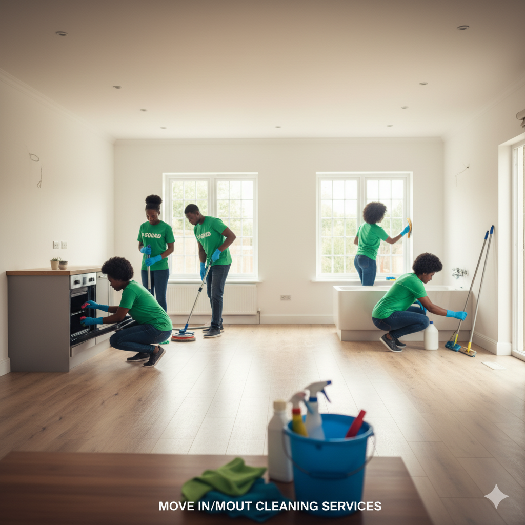 MOVE IN/MOVE OUT cleaning services team thoroughly cleaning an empty property with mops and cleaning supplies.