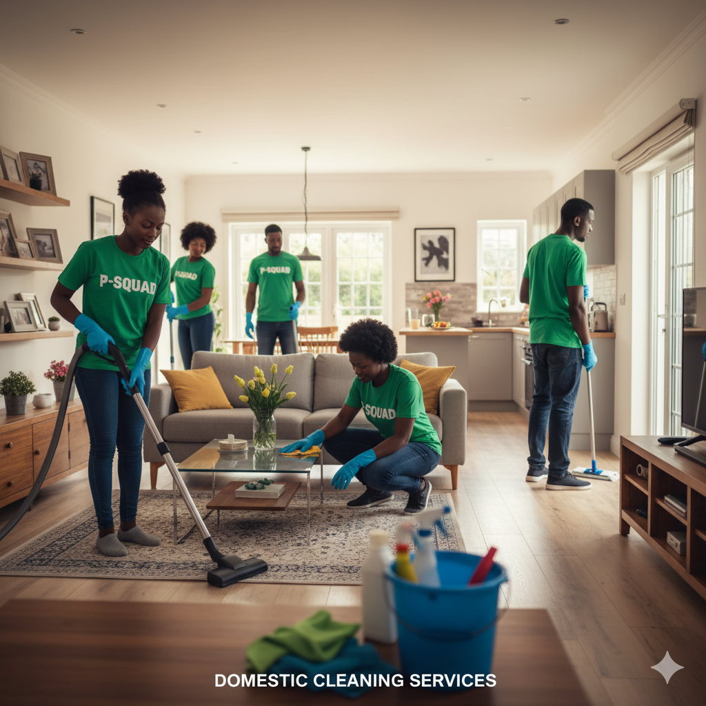 Professional team providing domestic cleaning services, vacuuming and mopping to maintain a spotless home environment.